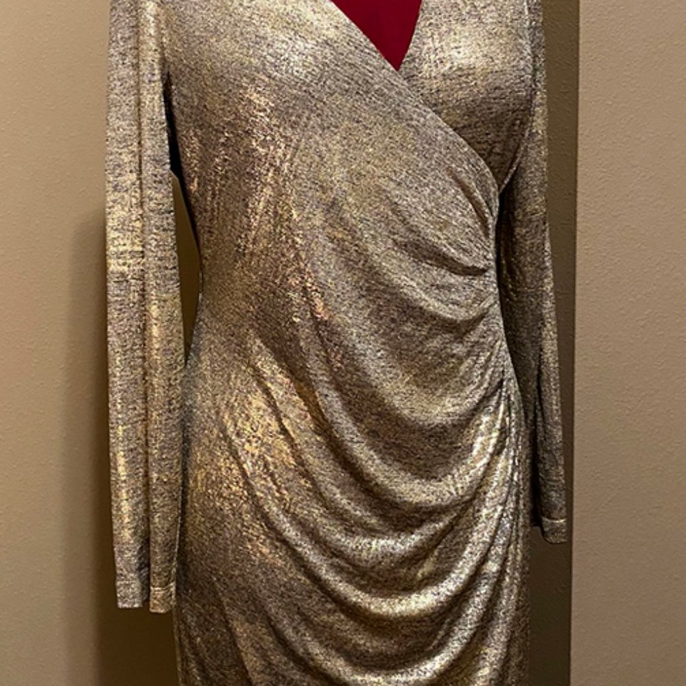 Calvin Klein Metallic Gold Faux Wrap Dress NWT